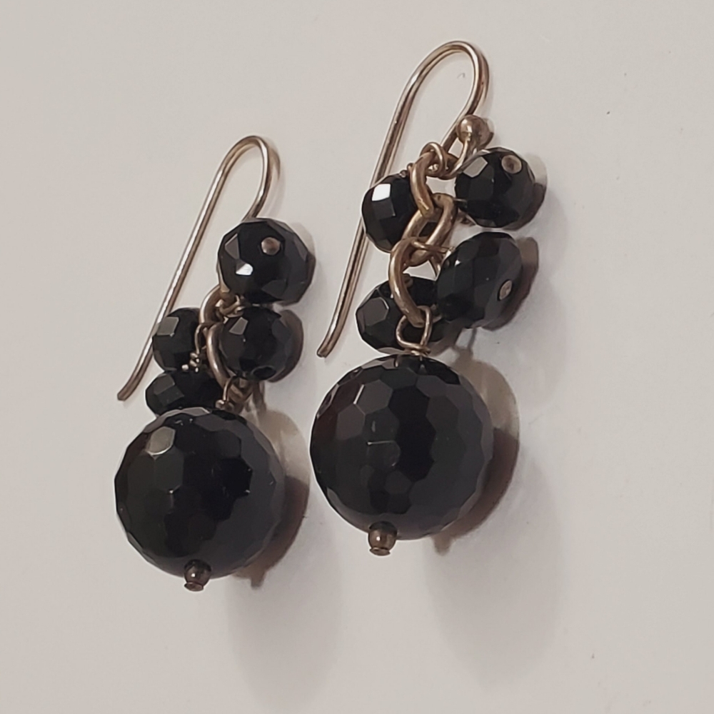 Vtg. Cluster Black Agate Dangle Earrings